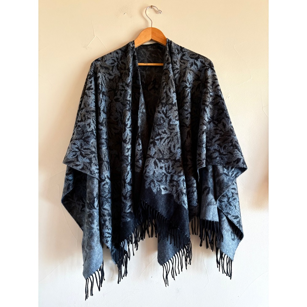 Victoire Mathieu Paris Gray Black Teal Floral Fringed Poncho Wrap Made in France